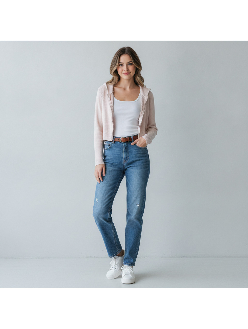 J. Galt Light Pink Ribbed Cotton Blend Hoodie Zip-Up Sweater